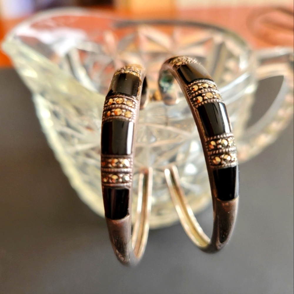 Vintage Onyx and Marcasite Sterling Silver Hoop Earrings